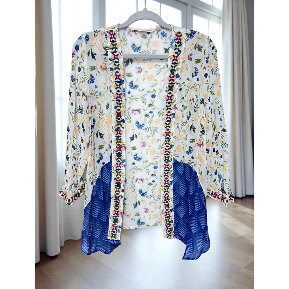 SOFT SURROUNDINGS Floral Topper White Open Front Women's Petite Medium